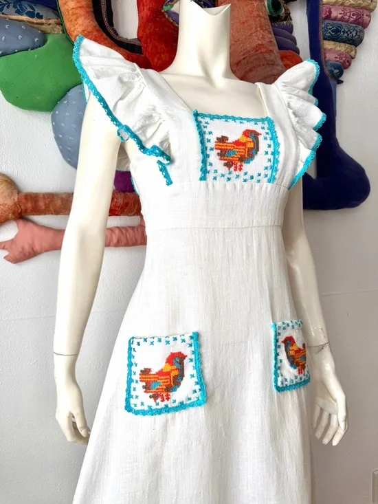 Vintage YOUNG EDWARDIAN DRESS Pinafore Ruffles Embroidered Birds 1970s Boho XS/S - Picture 7 of 11